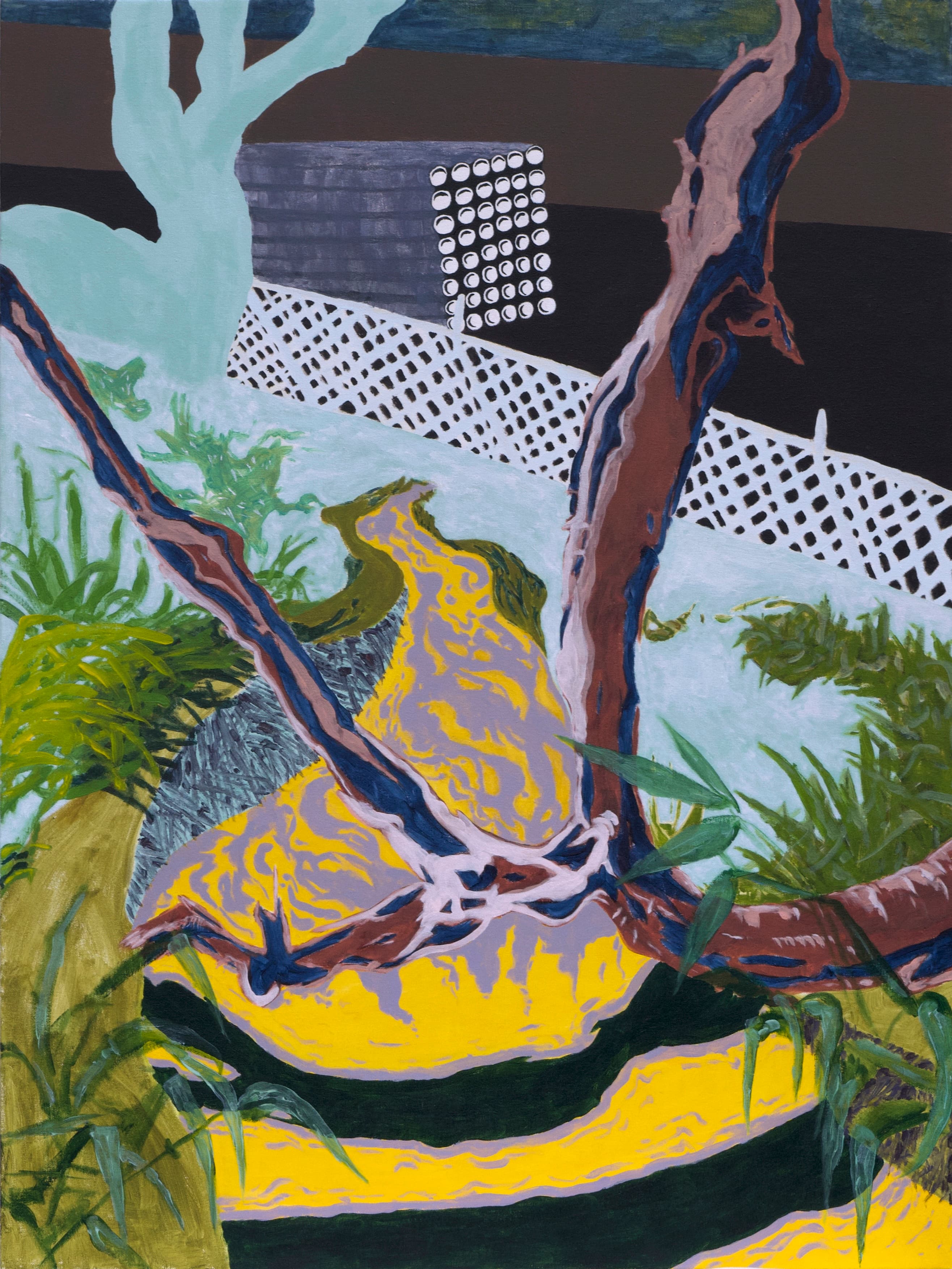 Acrylic painting of tree growing across stream with pipes in the background
