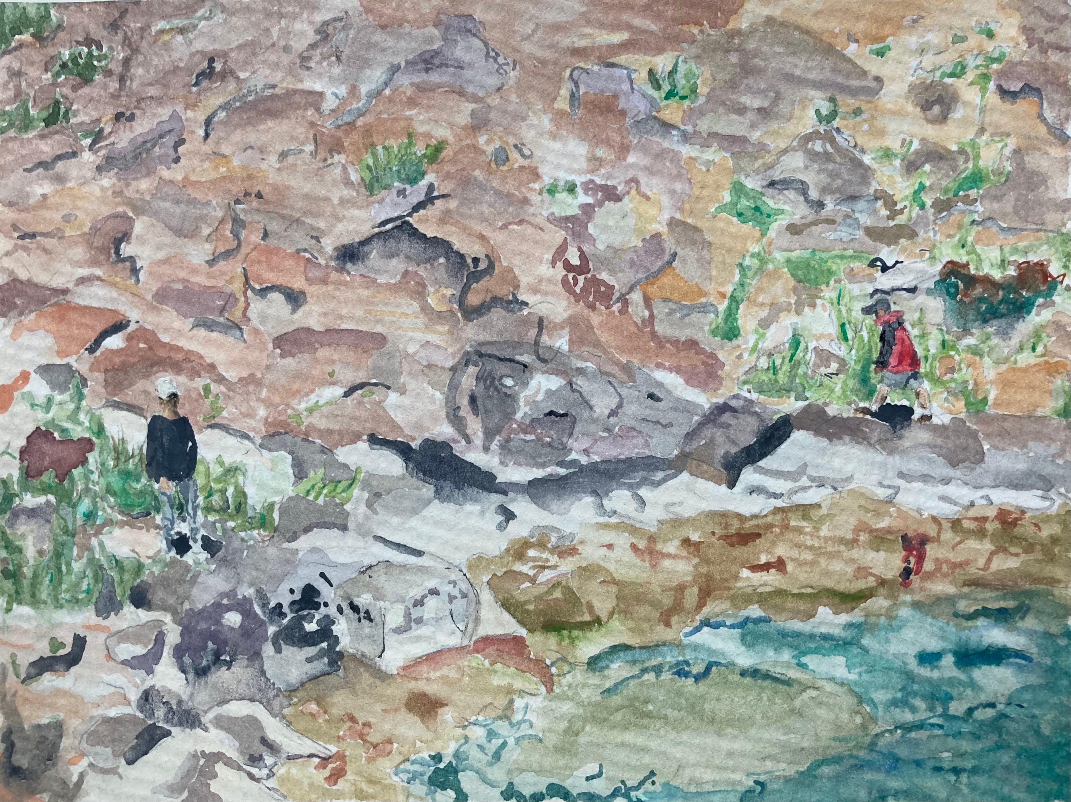 Watercolor of boys walking along the rim of a mountain lake