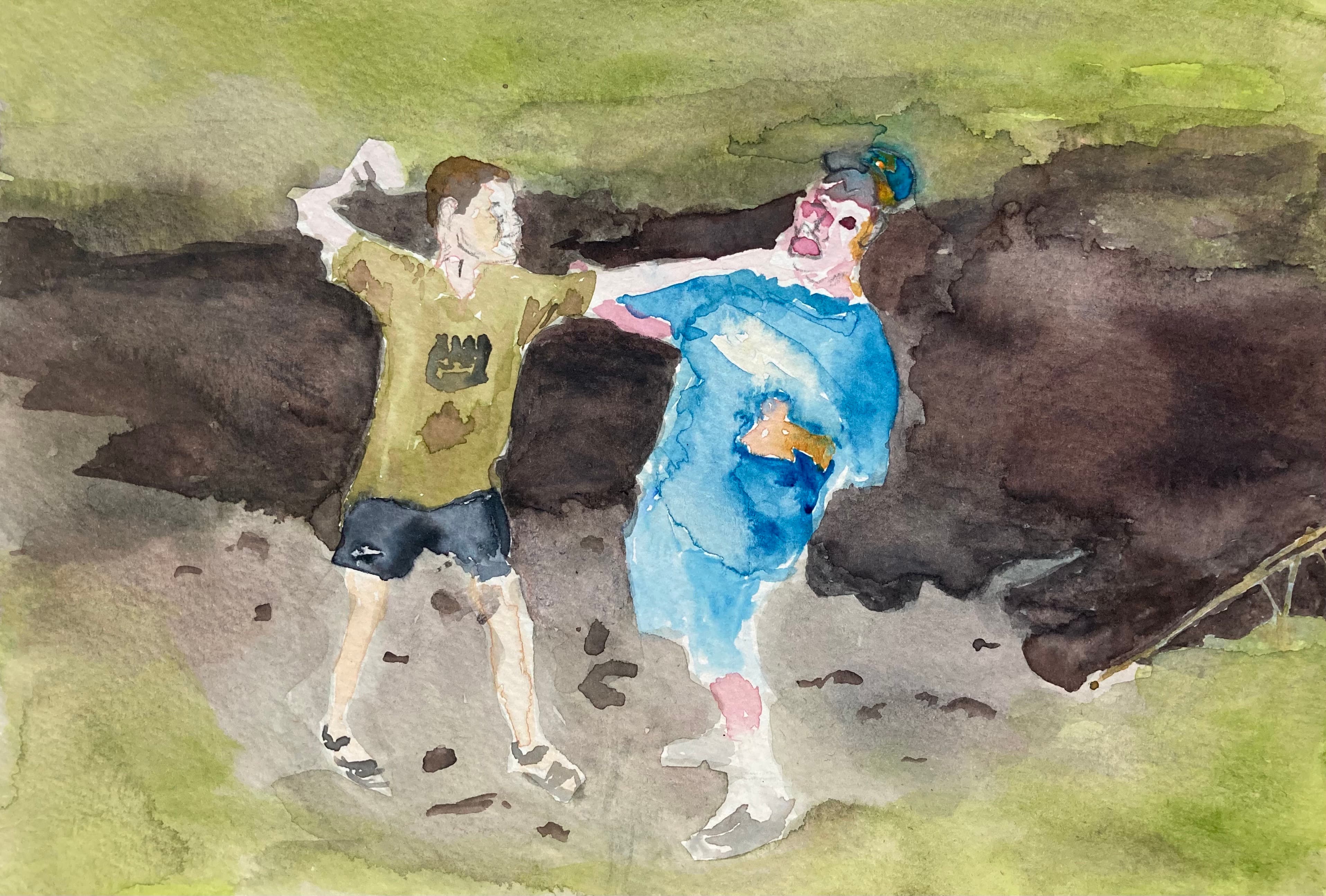 Watercolor of boys pretending to fight at night